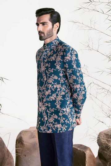TEAL EMBROIDERED BLUE PRINCE COAT